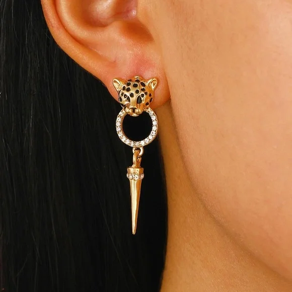 Gold-tone & Cubic Zirconia Leopard Head Drop Earrings - Picture 3 of 4